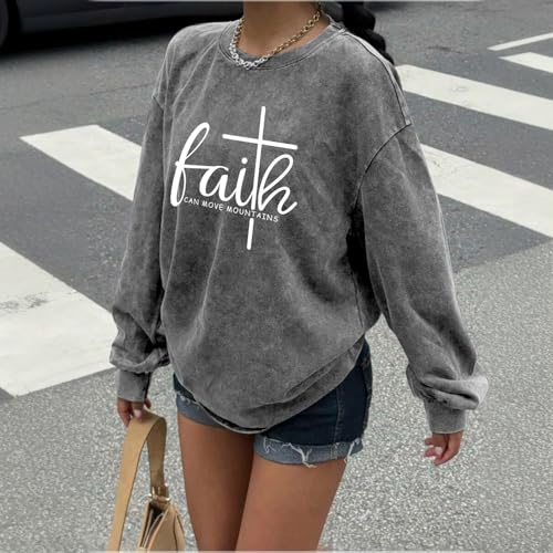 Christian Shirts for Women Faith Can Move Mountains Acid Wash Shirt Jesus Religious Bible Verse Long Sleeve Top - color: Gray, size: X-Large
