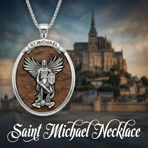 ONEFINITY Wooden Necklace Viking Wolf/St Benedict Medals/St Michael/Crucifix/St Christopher Pendant Necklace for Men Archangel Amulet Wooden Religious Jewelry Gifts for Men Women - style: St Michael-Round