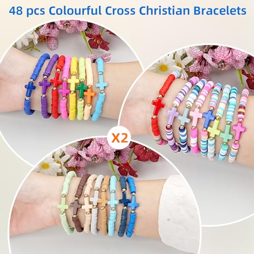 WOVTE 48 Pcs Jesus Bracelets Cross Christian Bracelet Pack, Handmade Elastic Colorful Polymer Clay Beaded Bracelets Inspirational Religious Reminder Jewelry for Woman