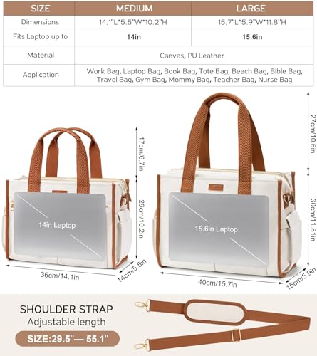 Canvas Tote Bag for Women, 15-Pockets Work Laptop Tote Purse Large Crossbody Nurse Teacher Bible Bag for School Travel Daily - color: M3.white & Brown, size: Medium-14inch