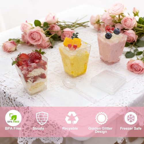 60 Pack (180 Pieces) Golden Glitter Dessert Cups with Lids and Spoons 5Oz Square Yogurt Parfait/Appetier Cups for Party, Plastic Dessert Shooter Cups for Ice Cream, Fruit, Jello and Pudding - size: 60 Cups+60 Lids+60 Spoons