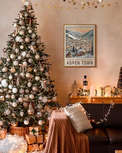 WHASAYART Winter Aspen Town Snow Scene Art Framed Canvas Christmas Wall Art - color: Aspen Town