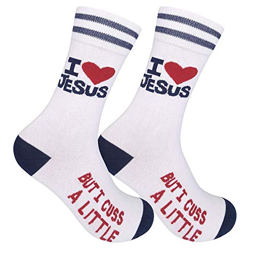 FUNATIC Socks with Funny and Profane Sayings, Sarcastic Gift for Men Women - color: I Love Jesus But Cuss