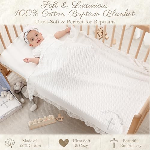 Cotton Baby Baptism Christening Blanket with Lace Trim, 40"x40" - color: Bapatism Lace Blanket