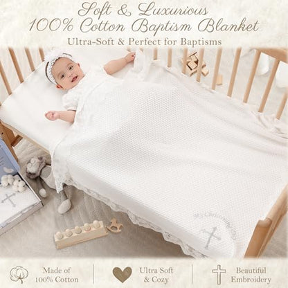 Cotton Baby Baptism Christening Blanket with Lace Trim, 40"x40" - color: Bapatism Lace Blanket