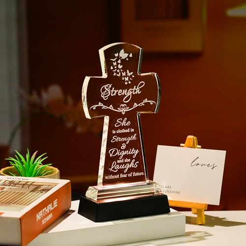Qianwei Crystal Cross Strength Inspirational Gift - Religious Catholic Baptism Communion Confirmation Gift for Women Sister - color: Cross Strength-led