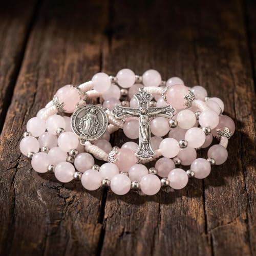 Nazareth Store 8mm White Jade & 10mm Natural Stone Beads Rosary Necklace St. Miraculous Medal & Cross Crucifix Catholic Prayer Beads Religious Jewelry - color: Pink Quartz
