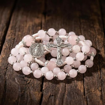 Nazareth Store 8mm White Jade & 10mm Natural Stone Beads Rosary Necklace St. Miraculous Medal & Cross Crucifix Catholic Prayer Beads Religious Jewelry - color: Pink Quartz