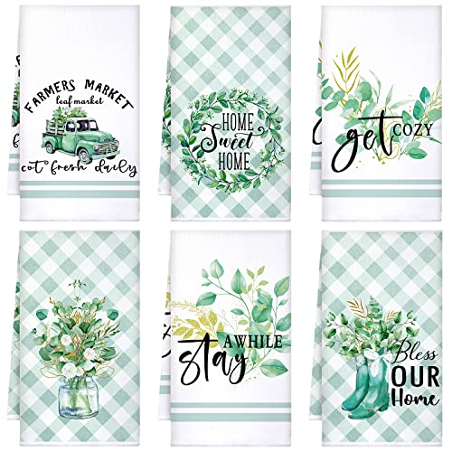 Boyiee 6Pcs Eucalyptus Green Kitchen Towels for Farmhouse Decor - color: Eucalyptus