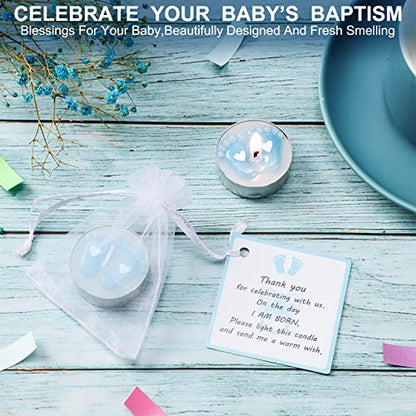 Treela 20 Sets Baby Shower Favor Blue Tea Light Candles Organza Bag Cards - color: Blue