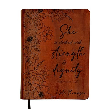 Personalized NLT Journaling Bible – Dark Brown LeatherLike | Filament Enabled | Custom Engraved Name | New Living Translation | 2.25” Wide Margins | Single Column Layout | Bible Journaling & Note-Taking (Peony Proverbs)