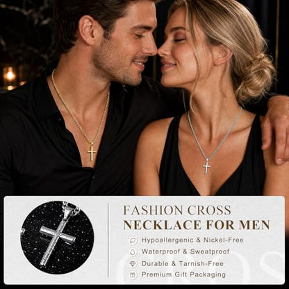 TenKa Cross Necklace for Men, 316L Stainless Steel Mens Cross Necklaces, Bold Silver & Gold Pendant with Waterproof 5mm Cuban Chain 18-30 Inch - color: Gold, size: 30 Inch