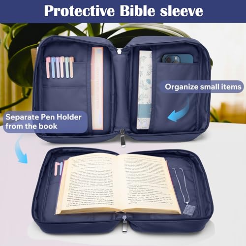 Small Bible Cover Case for Women and Men, 9x6 PU Leather Bible Sleeve, Compact Travel Bible Carrier Bag with Front Pen Holders, Zipper Closure, Inner Pockets - Navy Blue - color: Navy Blue, size: 9''x6.5''