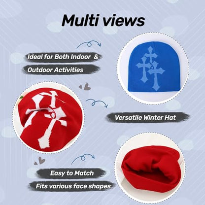 Fashion Knit Beanie with Cross Pattern Y2K Unisex Soft Jacquard Cap Popular Hip-Hop Cool Street Outdoor Sports Earflap Hat - color: Blue