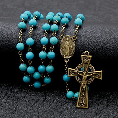 KOMI Rosary Beads Catholic for Women Gemstone Rosary Beads Necklace with Crucifix Cross Crystal Pearl Rosary Rosarios Catolicos Catholic Gifts - style: 6mm Turquoise