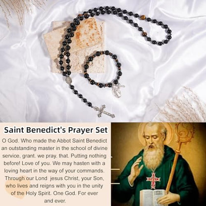 Rosary for Men Women, Natural Stone Beads with St. Benedict Bracelet - color: Obsidian