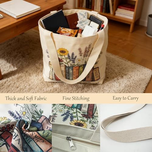 Large Tote Shopping Bag Cotton Canvas-Reusable grocery Bag with Zipper Aesthetic Reusable Shoulder Bag - style: Style-d