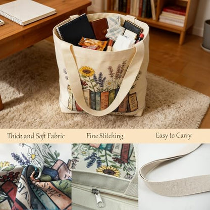 Large Tote Shopping Bag Cotton Canvas-Reusable grocery Bag with Zipper Aesthetic Reusable Shoulder Bag - style: Style-d