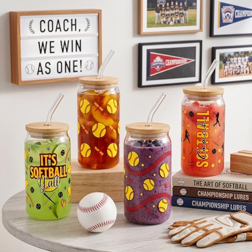 Glass Cups with Lids and Straws, 4Pack, 16oz, Softball Sports - color: Softball