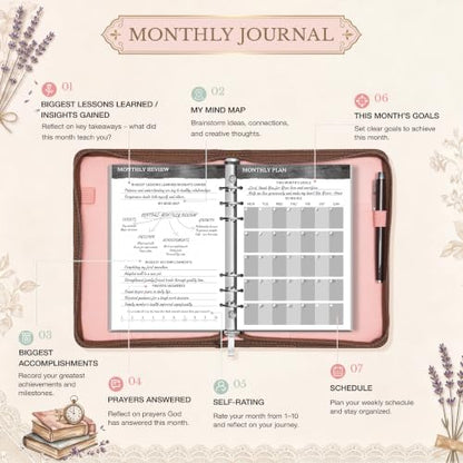 Ospelelf Removable Prayer Journal with Leather Pink 6 Ring Binder 3-Month - color: pink