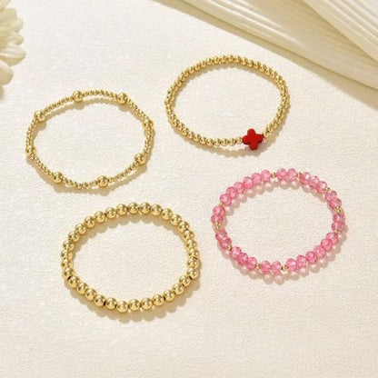 Colorful Cross Charm Bracelets for Women Men Adjustable Gold Plated Beaded Bracelet Boho Bead Ball Stretch Bracelet Birthday Summer Beach Jewelry - color: Red B