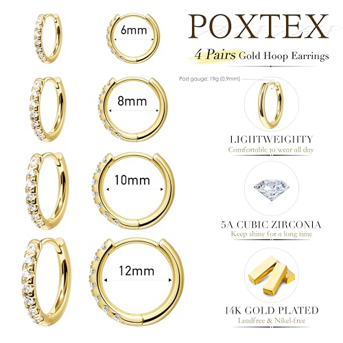 Small Gold Huggie Hoop Earrings Set for Women Men Hypoallergenic 14K Plated Stack Cartilage Earrings, Sterling Silver Multiple Piercing Lightweight Mini Thin Cute Dainty Trendy Jewelry Gifts for Women - color: Gold-CZ-6,8,10,12mm