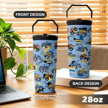 Hiboss Monster Truck Tumbler with Handle and Flip Straw 28oz, Insulated Stainless Steel Travel Monster Trucks Cup for Kids Boy, Birthday Christmas Trucks Gifts for Kids Teens Boys - color: Monster Truck