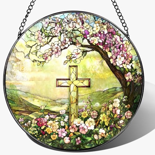 8'' Christian Cross Ornament, Stained Glass Window Hanging, Sun Catcher Window Decor, Christian Faith Home Decor, Gifts for Christmas, Cross Gifts for Religious - color: Cross-a