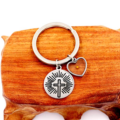 Uloveido Stainless Steel Faith Cross Keychain & Jesus Loves Me Christian Keyring Mustard Seed Charms Religious Jewelry - style: Sun Ray-heart