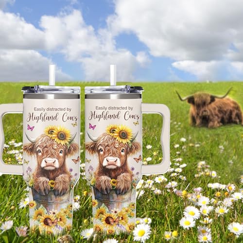 Highland Cow Gifts For Women, Teen Girls, and Her - Highland Cow Tumbler Gifts For Mothers Day, Birthday, Christmas, Valentines, Cowgirls Gift for Women - Cow Tumbler 40oz with Handle - color: Highland Cow Tumbler