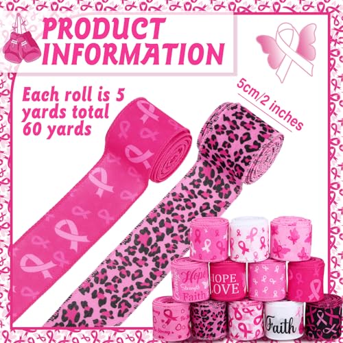 12 Rolls 60 Yards Breast Cancer Wired Ribbon Pink Butterfly Bows - style: Breast