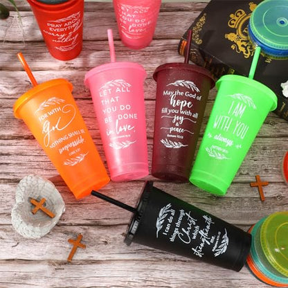 Havawish 12 Christian Tumbler Gift Bulk Religious Inspirational 24 oz Drinking Jesus Cup with Lid Straw Bible Verse Plastic Cup for Grandparents Pastor Clergy Church Sunday School, Colour - color: Colour