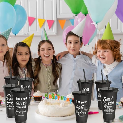 Cinrobiye 24 Pack Christian Tumblers with Lids and Straws, 24 oz Bible Verse Plastic Cups Bulk, Religious Church Gifts for VBS, Sunday School, Bible Study, Baptism and Church Party Favors(Black) - color: Black