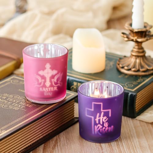 SHMILMH Easter Decorations for Religious Home Decor, He is Risen Decor Table Centerpiece, Christian Easter Decor Frosted Glass Votive Tealight Candle Holders Set of 4