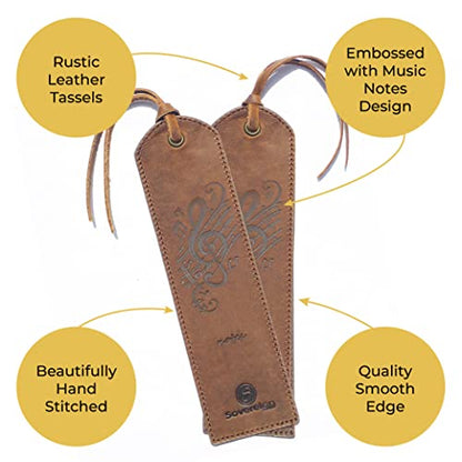 Leather Bookmarks for Men and Women | Quality Mens Bookmark with Music Notes | 2 Smooth Handmade Leather Book Markers for Men Women Book Lovers Readers (7x2) Leather Gift | Sovereign-Gear - style: Music