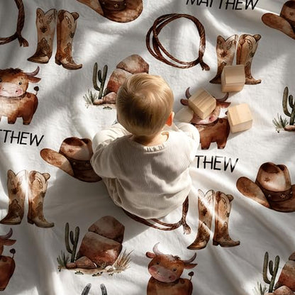 Personalized Western Baby Boy Blanket, Cute Cowboy Riding Pony Pattern, Custom Name Kids Toddler Throw Blanket, Ranch Style Nursery Decor, Toddler Boy Gift - color: Western Baby Boy Blanket
