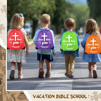 48 Pcs Bible Verse Party Favors Includes 16 Jesus Loves You Drawstring Backpack 16 Bible Verse Bracelets 16 Cross Necklaces for Christmas Shoebox Gift Easter Vacation Bible School