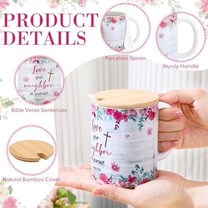 Remerry 6 Pcs Christian Women Bulk Gifts 12 oz Religious Coffee Mugs Cups Vintage Floral Ceramic Bible Verse Mugs with Lid Spoon for Sunday School Teachers Nurses Church Women Group Gifts(English) - style: English