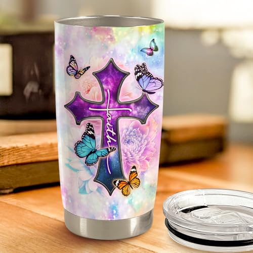 Christian Tumbler 20oz Stainless Steel Insulated Travel Mug Cup for Women Girls Inspiration Bible Verse Religious Gifts for Birthday Christmas - color: Christian