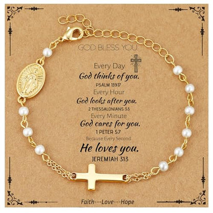Catholic Bracelets Gifts for Women Girls, Simulated Pearl Rosary Beads Virgin Mary Cross Charm Bracelet Confirmation First Communion Baptism Religious Christian Jewelry Gift - color: God Bless Gold