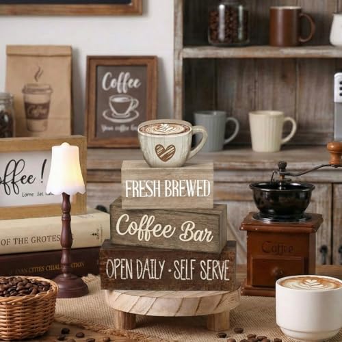 Moucuny 4 Pcs Farmhouse Coffee Bar Signs Decor Wooden Cafe Cup Signs - style: Coffee Bar Coffee Bar