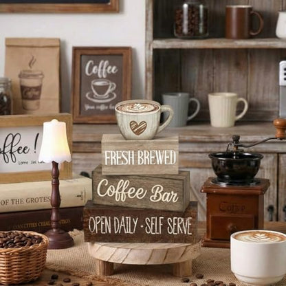 Moucuny 4 Pcs Farmhouse Coffee Bar Signs Decor Wooden Cafe Cup Signs - style: Coffee Bar Coffee Bar