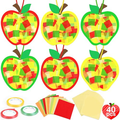 Renbuzhu 40PCS Back to School Apple-Shaped Crafts Bulk: Tissue Paper Sign Suncatchers, First Day of Classroom Activities DIY Kit, Fall Decorations, Window Stained Glass Effect Art Supplies - style: apple-shaped
