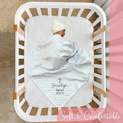 Baptism Blanket Personalized Baby Gifts – Luxurious Baptismal Gifts Textured Baby Blanket with Name, Date – Unique Christening Gifts for Girls and Boys – Soft Minky (White/Silver) - color: White/Silver