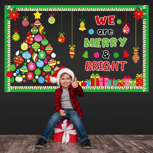 Christmas Religious Bulletin Board Decorations Set Xmas Tree with Hanging Ornaments Gift Boxes We are Merry and Bright Cutouts for Classroom Winter Holiday School Home Wall Party Decor Supplies - style: Merry and Bright