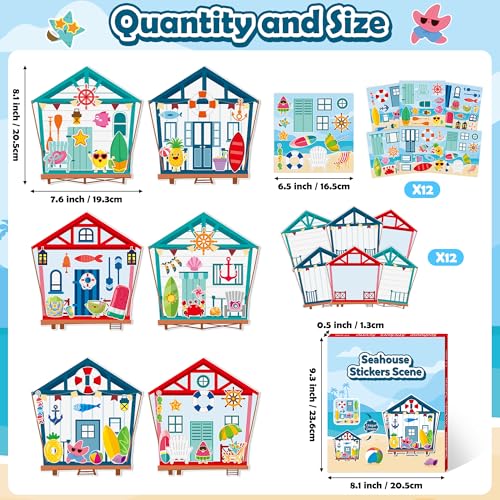 CY2SIDE Summer Seahouse Scene Sticker - 12 Set Hawaiian Luau Sticker Art Craft for Kids School Rewards Make Your Own Starfish Surfboard Ocean House Scene Games Activities Summer Party Favors Supplies - style: Sea house