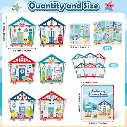 CY2SIDE Summer Seahouse Scene Sticker - 12 Set Hawaiian Luau Sticker Art Craft for Kids School Rewards Make Your Own Starfish Surfboard Ocean House Scene Games Activities Summer Party Favors Supplies - style: Sea house