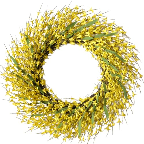 26 Inch Spring Wreaths for Front Door, Large Artificial Forsythia Flowers Wreath, Spring Summer Floral Wreath All Season for Home, Wall, Window, Porch, Wedding, Farmhouse Decor (Yellow) - color: Yellow