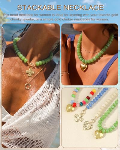ZHESHY Chunky Beaded Necklaces for Women Heart Cross Statement Necklace - color: Green 2