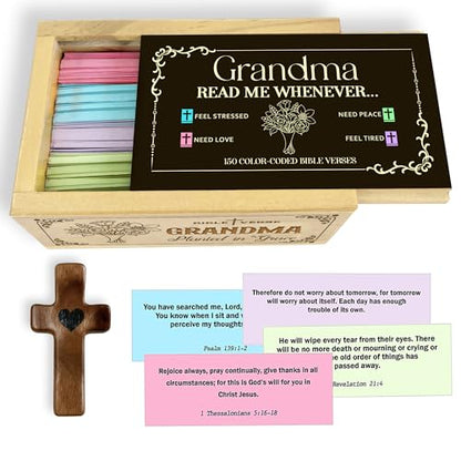 Personalized Grandma Bible Verse Box with 150 Color-Coded Scripture Cards, Custom Name Prayer Box with Pocket Cross, Christian Gift for Grandma, Christmas, Mother’s Day - color: Grandma
